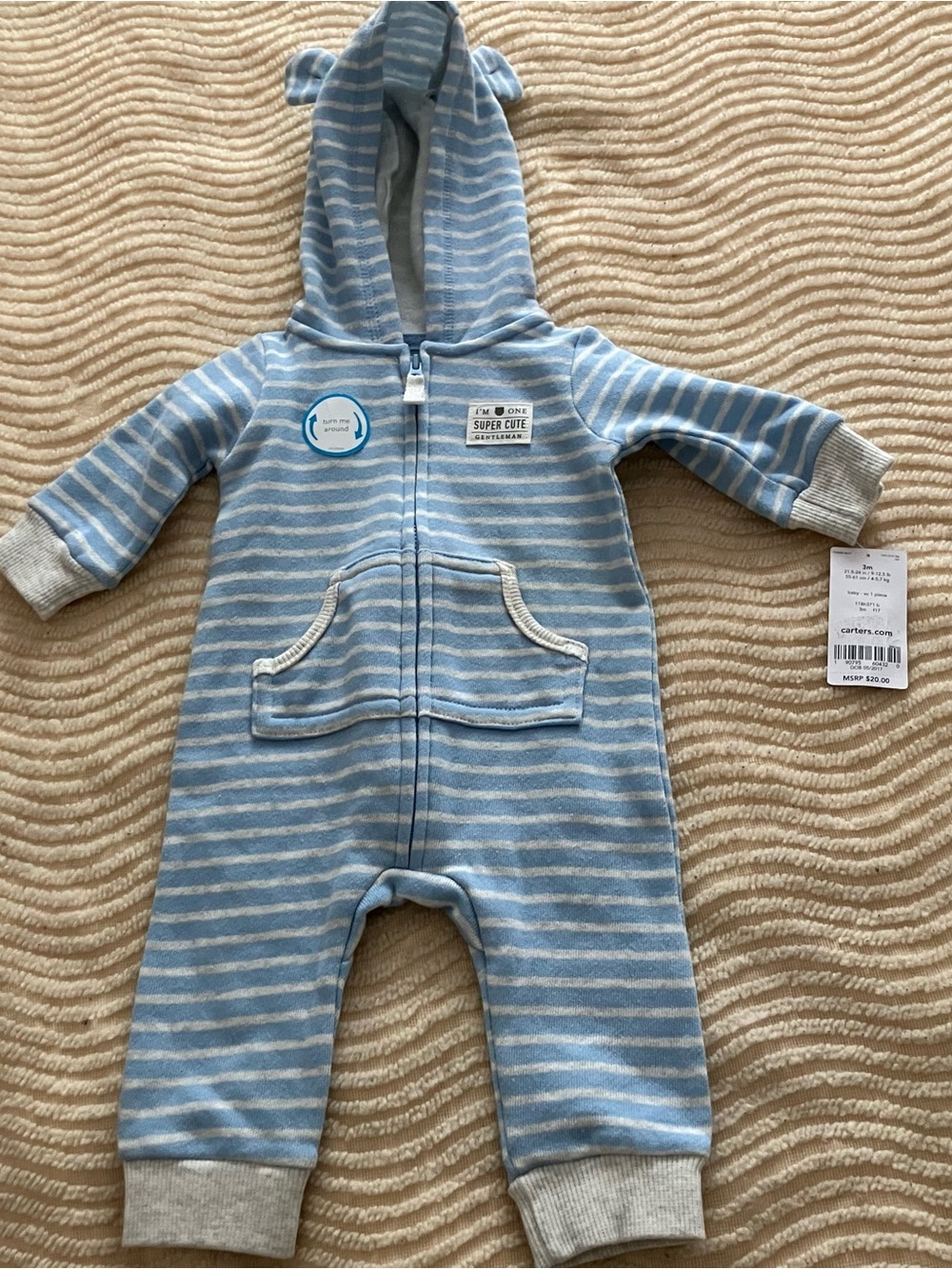 CARTER'S Boy striped Sleepwear with hoodie and ears size 3months NWT